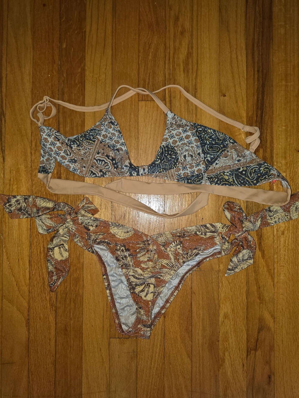Free People Paisley & Botanical Print Bikini in Navy and Tan